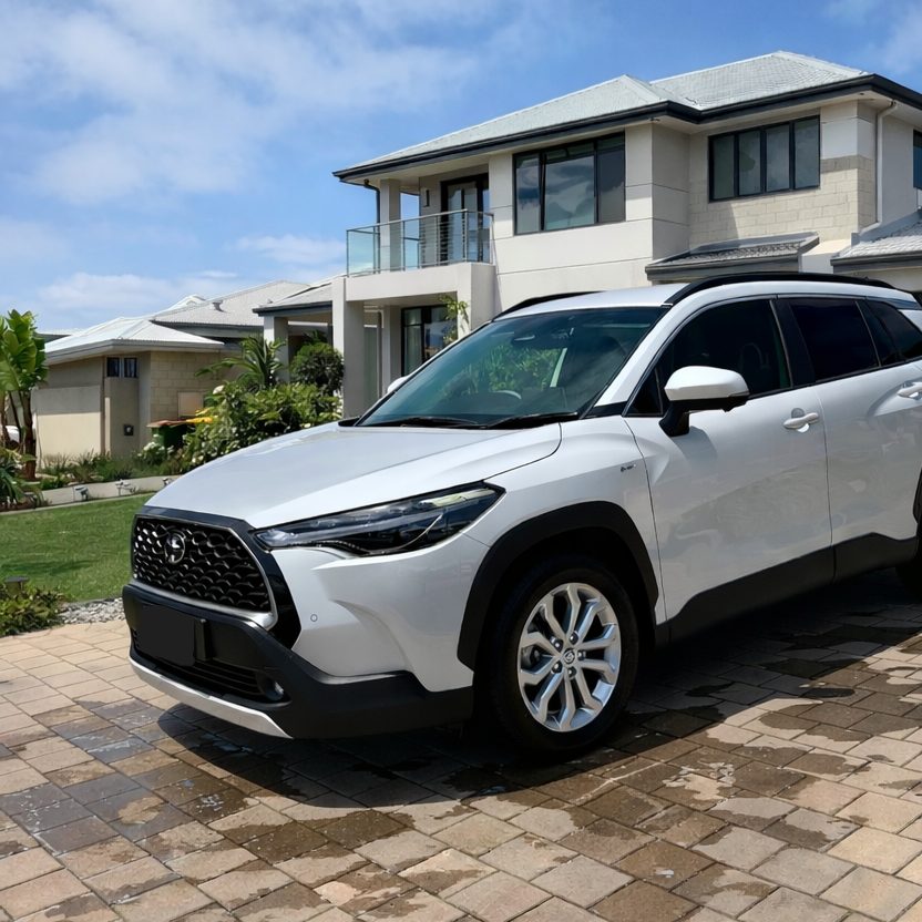 White SUV on a brick driveway after a full exterior detail