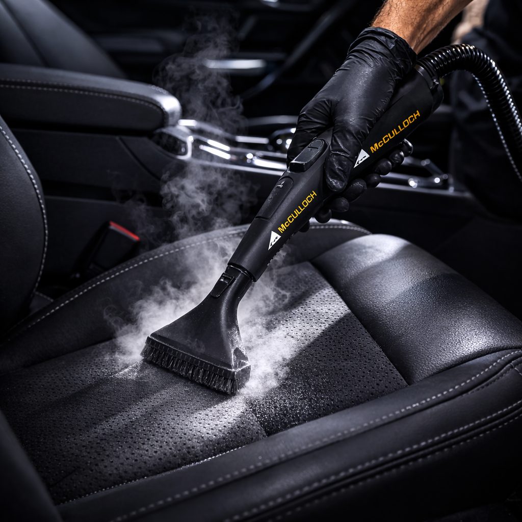 Steam cleaning a car seat during a mobile detail